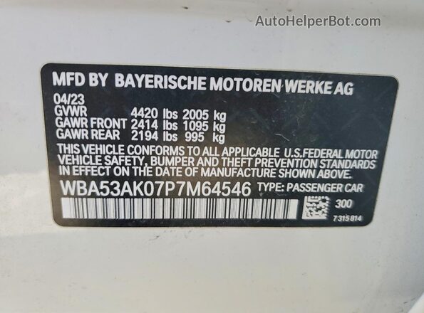 WBA53AK07P7M64546 2023 BMW 2 SERIES White VIN კოდის სტიკერის ხედი