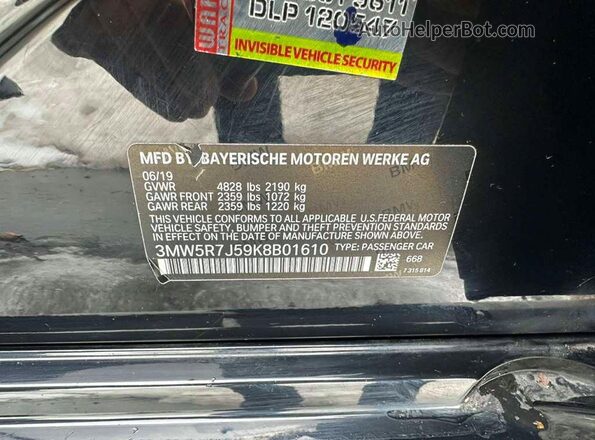 3MW5R7J59K8B01610 2019 BMW 3 SERIES Black უკანა სალონის ხედი