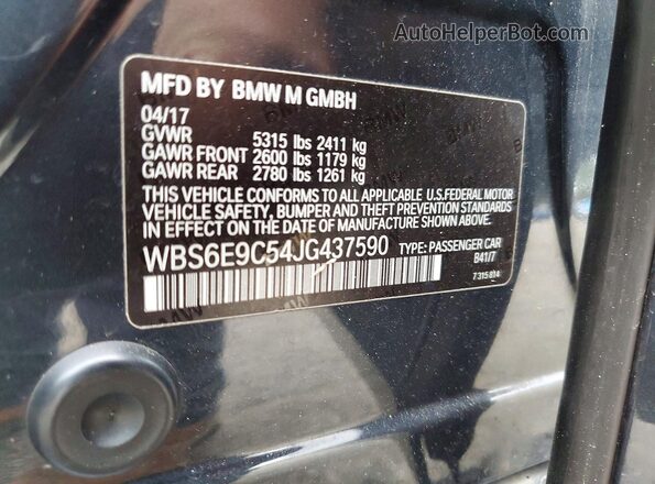 WBS6E9C54JG437590 2018 BMW M6 Gray Vista de la etiqueta del VIN