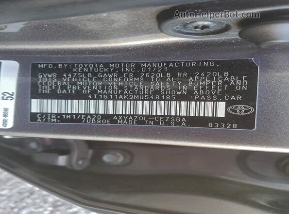 4T1G11AK9MU548185 2021 TOYOTA CAMRY Black Vista del compartimento del motor