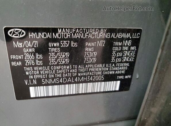 5NMS4DAL4MH342005 2021 HYUNDAI SANTA Gray VIN կոդի պիտակի տեսք
