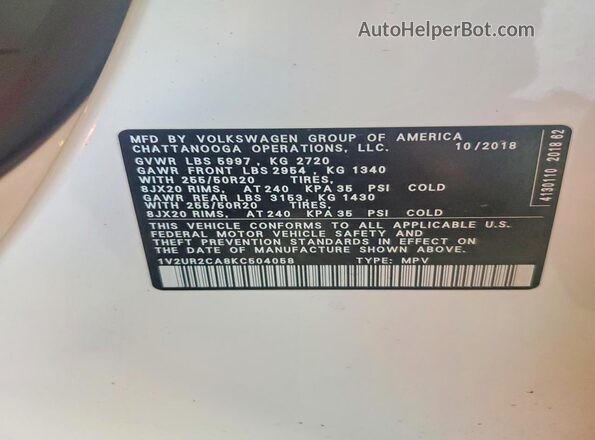 1V2UR2CA8KC504058 2019 VOLKSWAGEN ATLAS White 