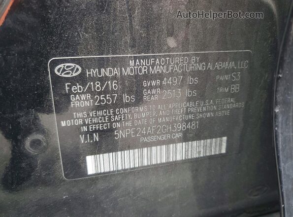 5NPE24AF2GH398481 2016 HYUNDAI SONATA Black Vista del compartimento del motor