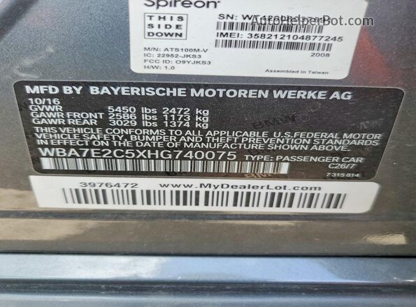WBA7E2C5XHG740075 2017 BMW 7 SERIES Gray VIN sticker view
