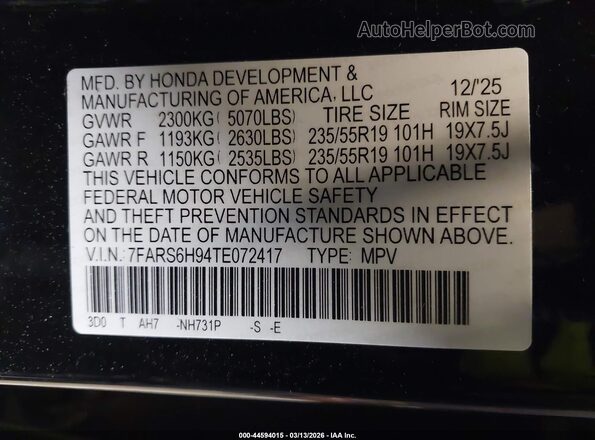 7FARS6H94TE072417 2026 HONDA CR-V Black Engine compartment view