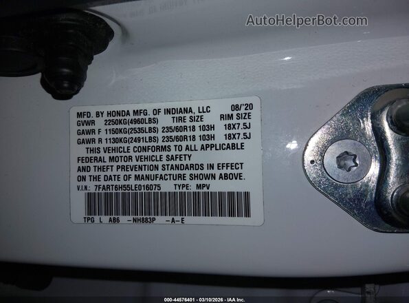 7FART6H55LE016075 2020 HONDA CR-V White Engine compartment view