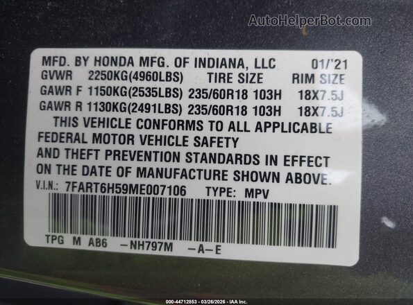 7FART6H59ME007106 2021 HONDA CR-V Gray Vista del compartimento del motor