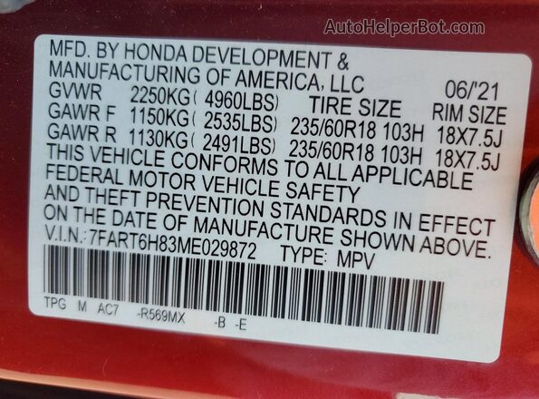 7FART6H83ME029872 2021 HONDA CR-V Red Սալոնի 360 աստիճան տեսք