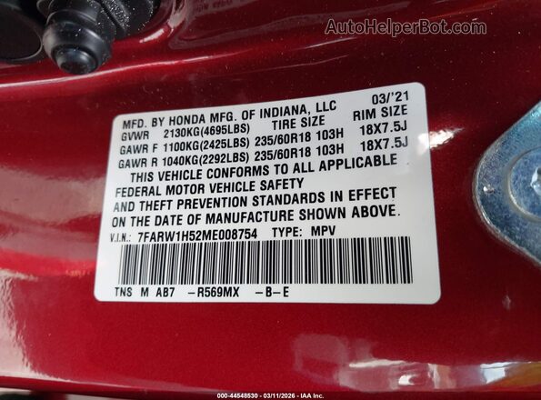 7FARW1H52ME008754 2021 HONDA CR-V Red Շարժիչի բաժամունքի տեսք
