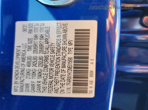 7FARW1H72ME015690 2021 HONDA CR-V Blue Вид наклейки з VIN-кодом