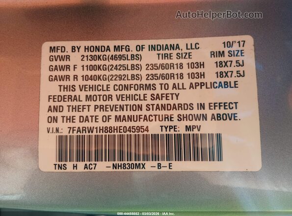 7FARW1H88HE045954 2017 HONDA CR-V Gray Vista del compartimento del motor