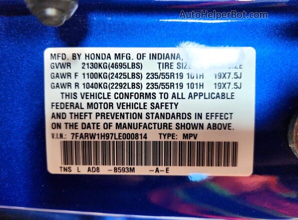 7FARW1H97LE000814 2020 HONDA CR-V Blue Widok komory silnika
