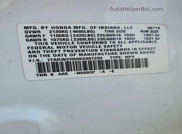 7FARW2H50KE007203 2019 HONDA CR-V White 
