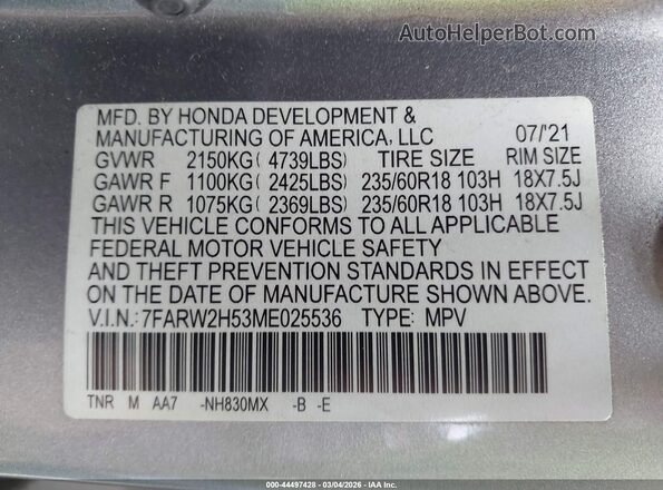 7FARW2H53ME025536 2021 HONDA CR-V Silver Engine compartment view