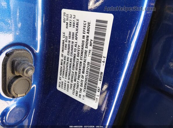 7FARW2H57LE012139 2020 HONDA CR-V Blue Widok komory silnika