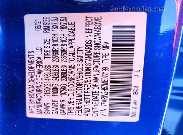 7FARW2H57ME022199 2021 HONDA CR-V Blue VIN კოდის სტიკერის ხედი