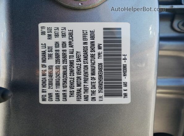 7FARW2H59KE049336 2019 HONDA CR-V Silver VIN sticker view