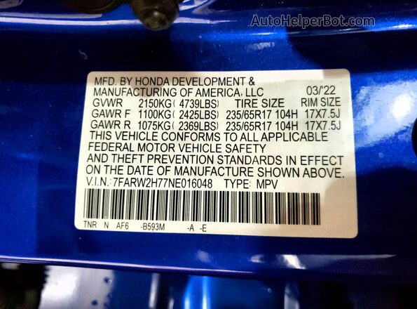 7FARW2H77NE016048 2022 HONDA CR-V Blue VIN կոդի պիտակի տեսք