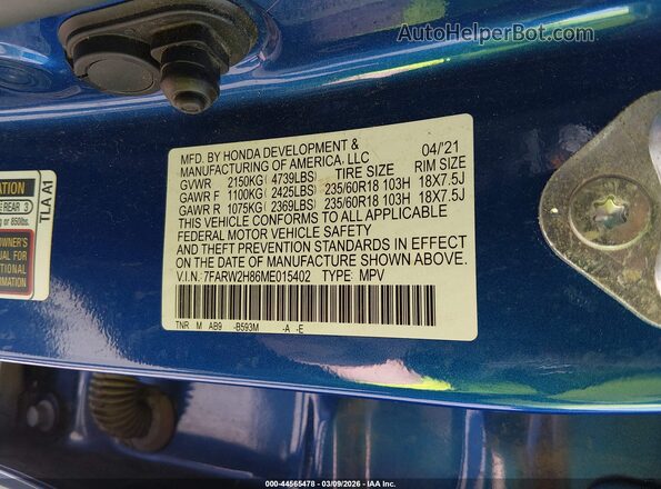 7FARW2H86ME015402 2021 HONDA CR-V Blue Engine compartment view