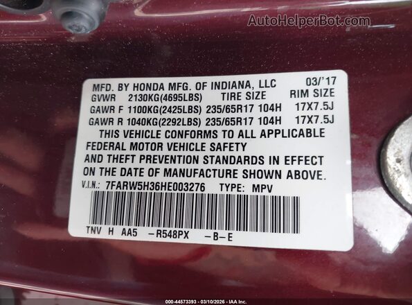 7FARW5H36HE003276 2017 HONDA CR-V Maroon Widok komory silnika