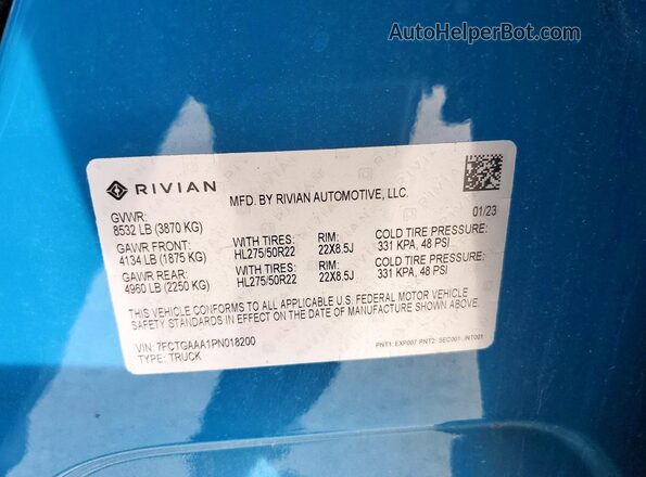 7FCTGAAA1PN018200 2023 RIVIAN R1T Blue ძრავის განყოფილების ხედი