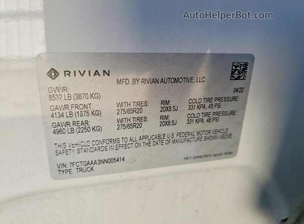 7FCTGAAA3NN005414 2022 RIVIAN R1T White Շարժիչի բաժամունքի տեսք
