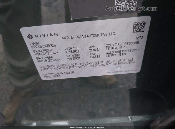 7FCTGAAA9NN015378 2022 RIVIAN R1T Зеленый Вид подкапотного пространства
