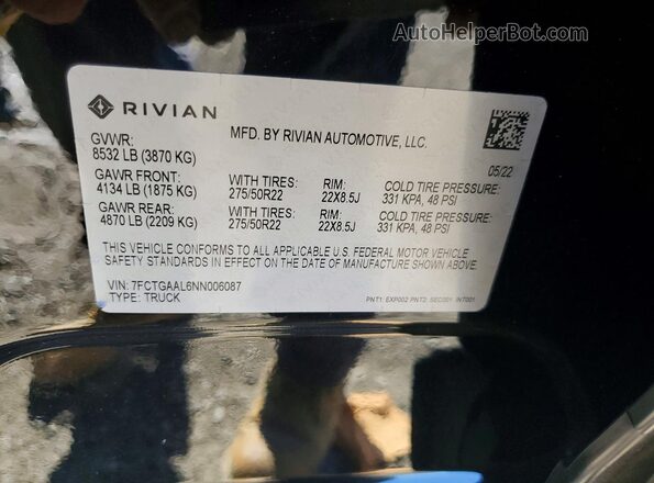 7FCTGAAL6NN006087 2022 RIVIAN R1T Black Widok naklejki z numerem VIN