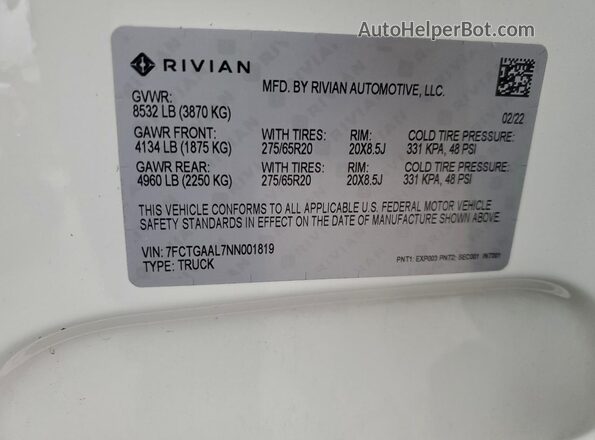 7FCTGAAL7NN001819 2022 RIVIAN R1T Белый Вид подкапотного пространства