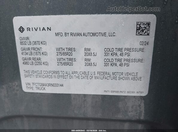 7FCTGBAA3RN033144 2024 RIVIAN R1T Gray Widok komory silnika