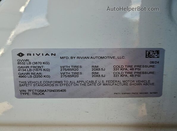 7FCTGBAA7SN035405 2025 RIVIAN R1T Белый Вид подкапотного пространства