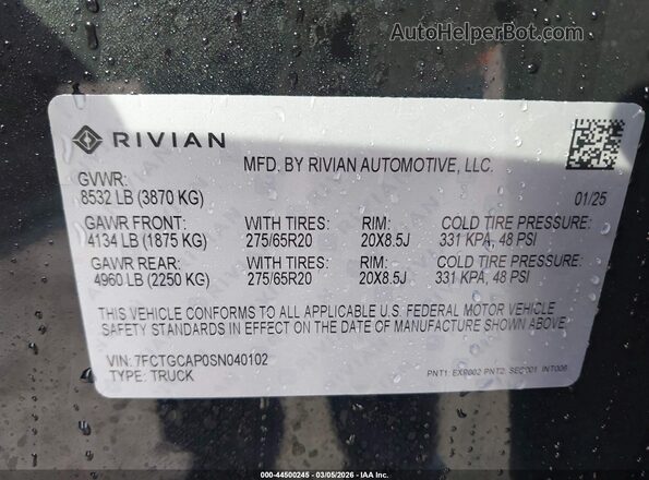 7FCTGCAP0SN040102 2025 RIVIAN R1T Black Вид підкапотного простору