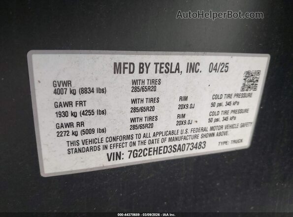 7G2CEHED3SA073483 2025 TESLA CYBERTRUCK Silver Vista del compartimento del motor