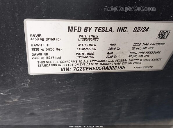 7G2CEHED5RA002165 2024 TESLA CYBERTRUCK Серый Вид подкапотного пространства
