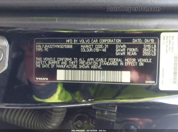 7JRA22TM1KG015868 2019 VOLVO S60 Черный Вид подкапотного пространства