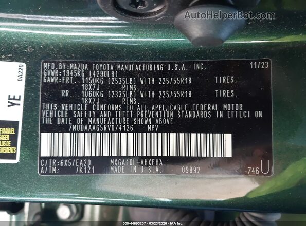 7MUDAAAG5RV074126 2024 TOYOTA LL Green Вид підкапотного простору