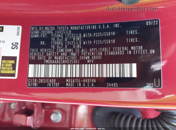 7MUDAABG5NV035903 2022 TOYOTA LL Red Engine compartment view