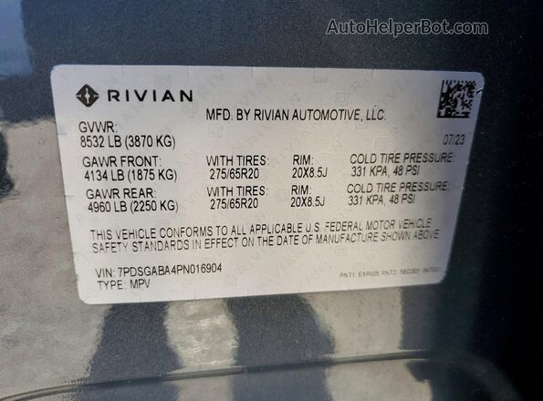 7PDSGABA4PN016904 2023 RIVIAN R1S Gray VIN კოდის სტიკერის ხედი