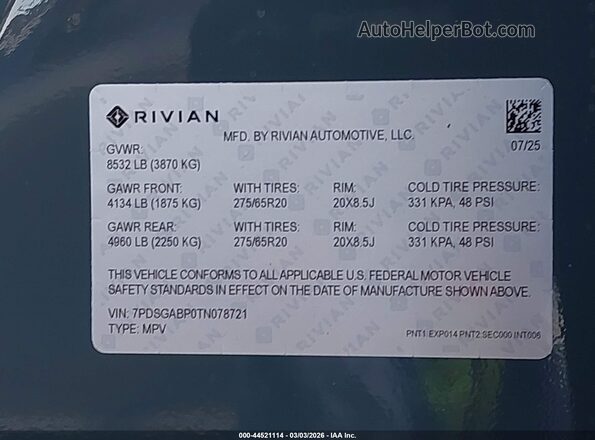 7PDSGABP0TN078721 2026 RIVIAN R1S Green Widok komory silnika