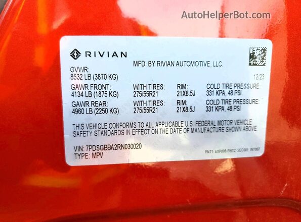 7PDSGBBA2RN030020 2024 RIVIAN R1S Red Панорамний вид салону 360°