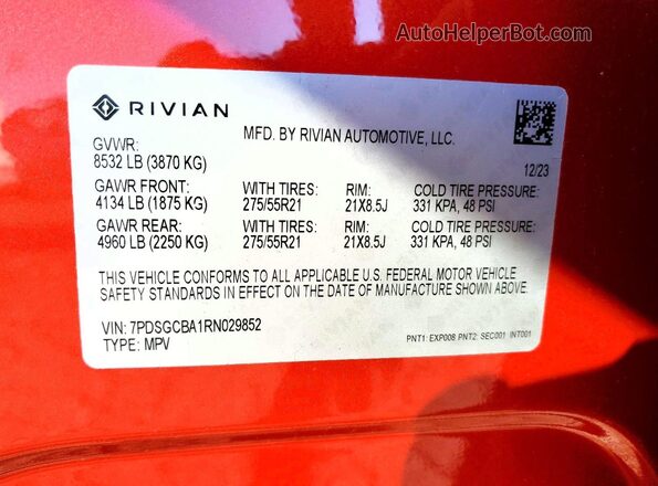 7PDSGCBA1RN029852 2024 RIVIAN R1S Maroon Vista interior de 360 grados