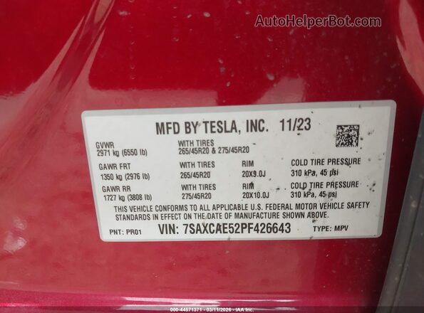 7SAXCAE52PF426643 2023 TESLA MODEL X Бордовый Вид подкапотного пространства