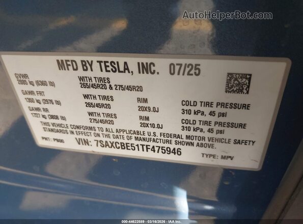 7SAXCBE51TF475946 2026 TESLA MODEL X Blue Vista del compartimento del motor