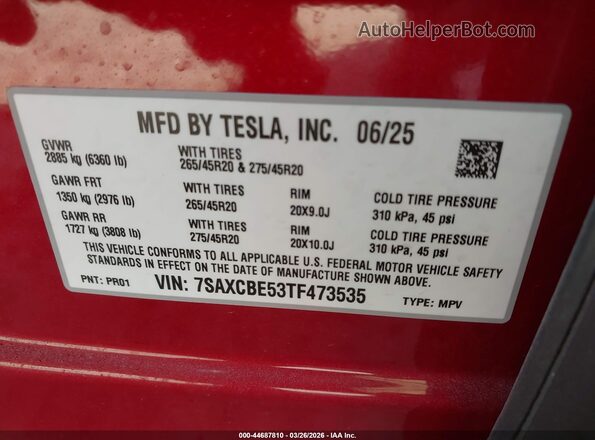 7SAXCBE53TF473535 2026 TESLA MODEL X Red Widok komory silnika