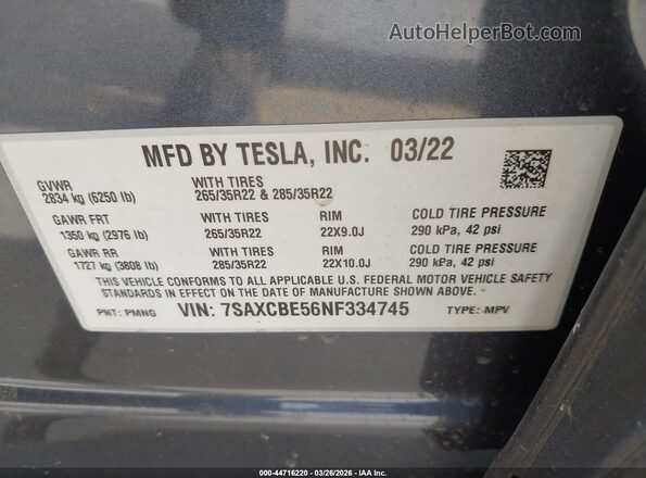 7SAXCBE56NF334745 2022 TESLA MODEL X Gray Вид підкапотного простору