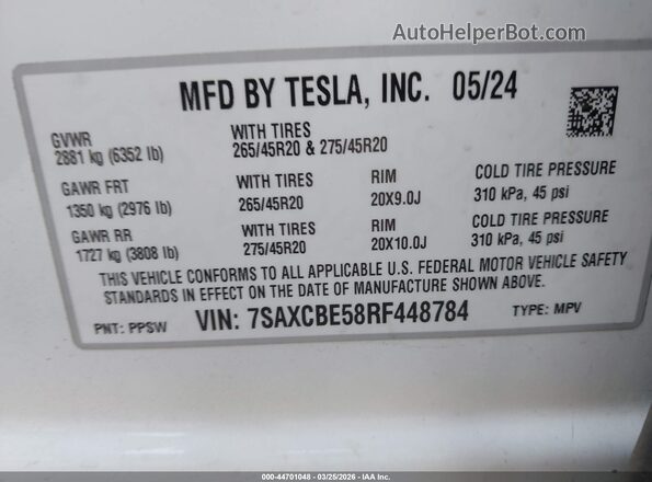 7SAXCBE58RF448784 2024 TESLA MODEL X Белый Вид подкапотного пространства