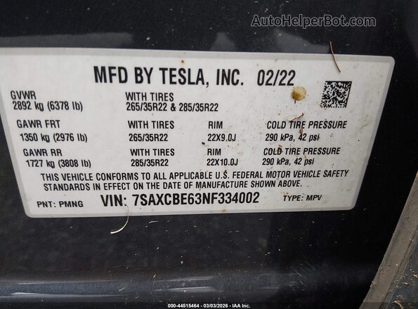 7SAXCBE63NF334002 2022 TESLA MODEL X Gray Widok komory silnika