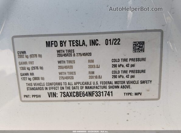 7SAXCBE64NF331741 2022 TESLA MODEL X White Widok komory silnika