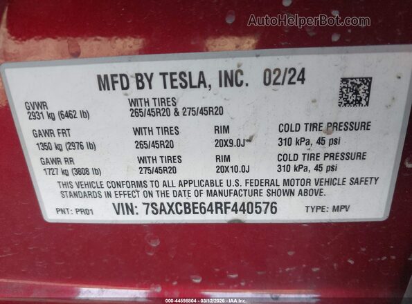 7SAXCBE64RF440576 2024 TESLA MODEL X Burgundy Vista del compartimento del motor