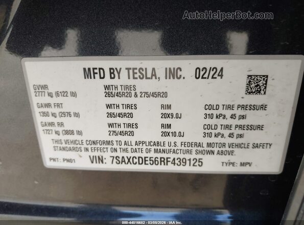 7SAXCDE56RF439125 2024 TESLA MODEL X Gray Շարժիչի բաժամունքի տեսք